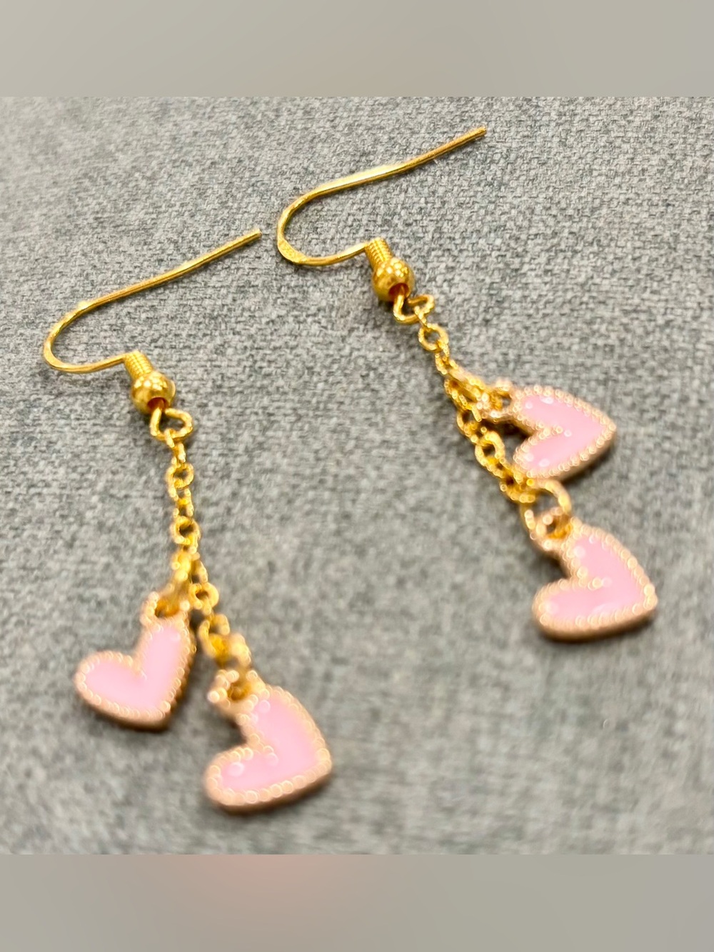 Handmade Gold and Pink Heart Drop Earrings